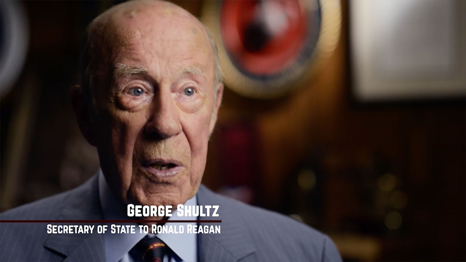 Still image from interview with George Shultz during film "American Umpire." Photo courtesy of James Shelley.