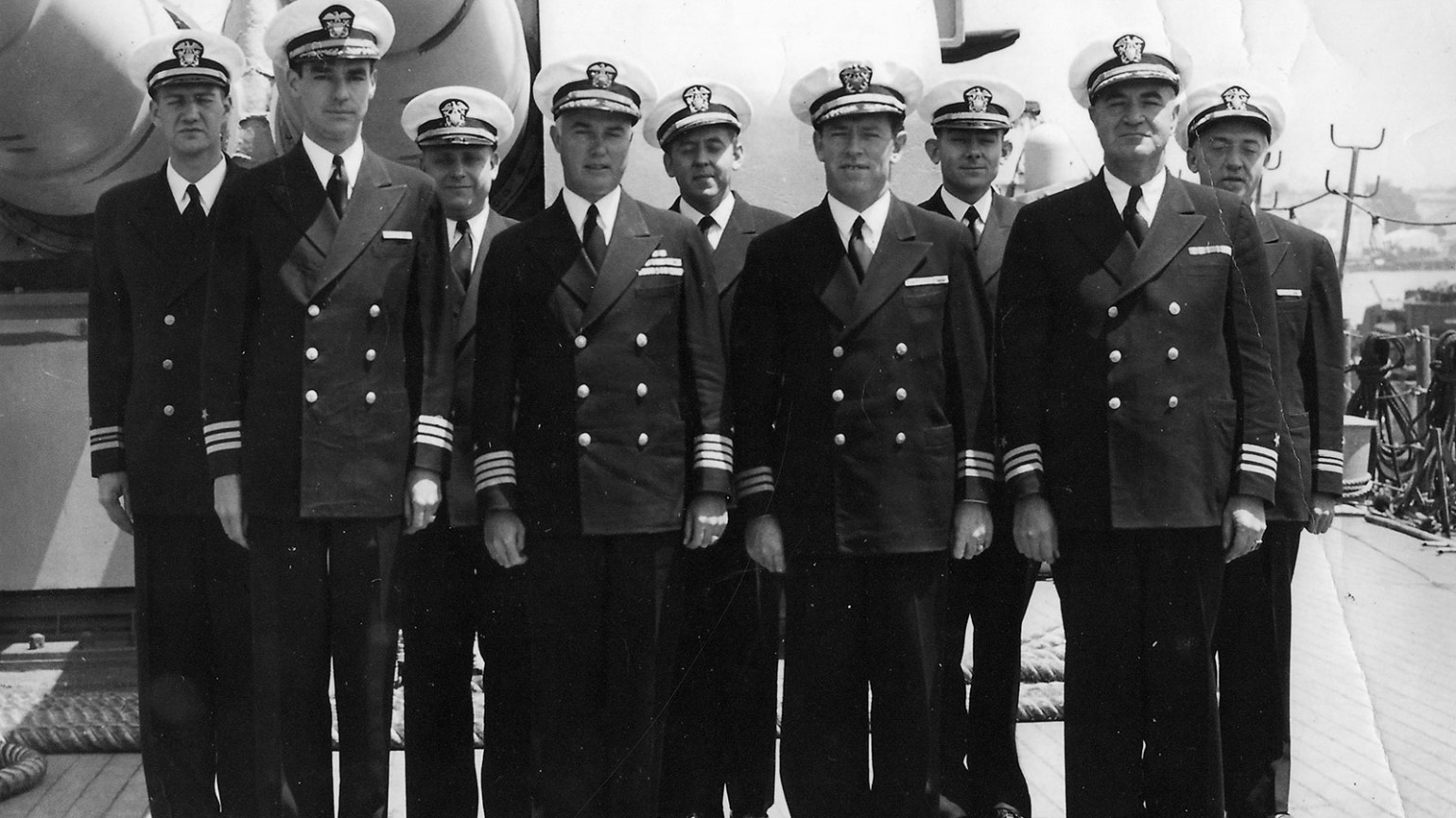 Captains in formation atop USS Indianapolis. Photo courtesy of Alfred J. Sedivi Collection - USNI.