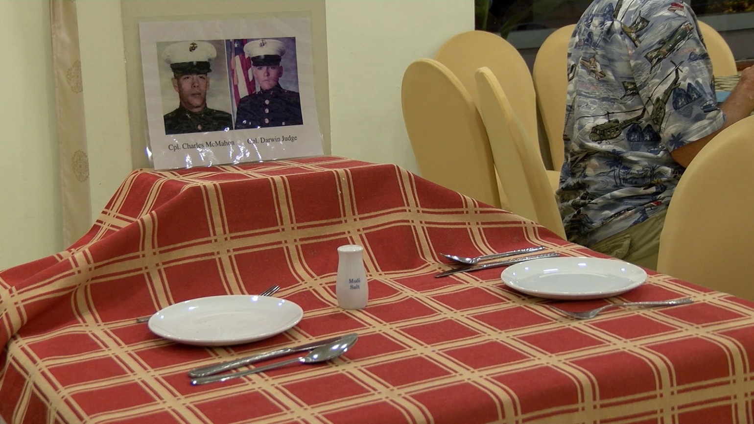 Table set for fallen friends Cpl. Charles McMahon and Cpl. Darwin Judge. Photo courtesy of Pat Clark.